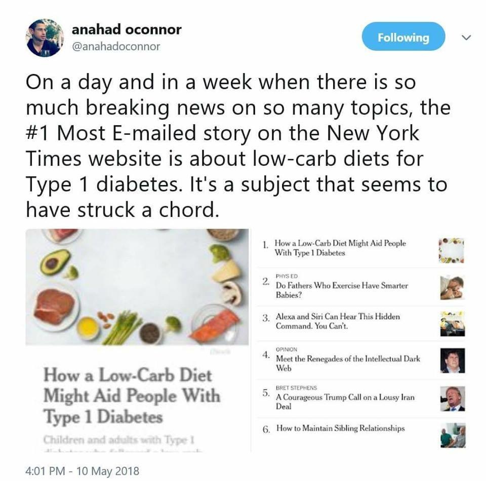 Anahad Oconnor New York Times Tweet Low Carb Type1 Diabetes Results